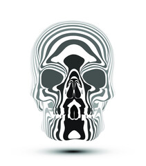 Vector illustration of human skull in greyscale and white stripes isolated on white background.