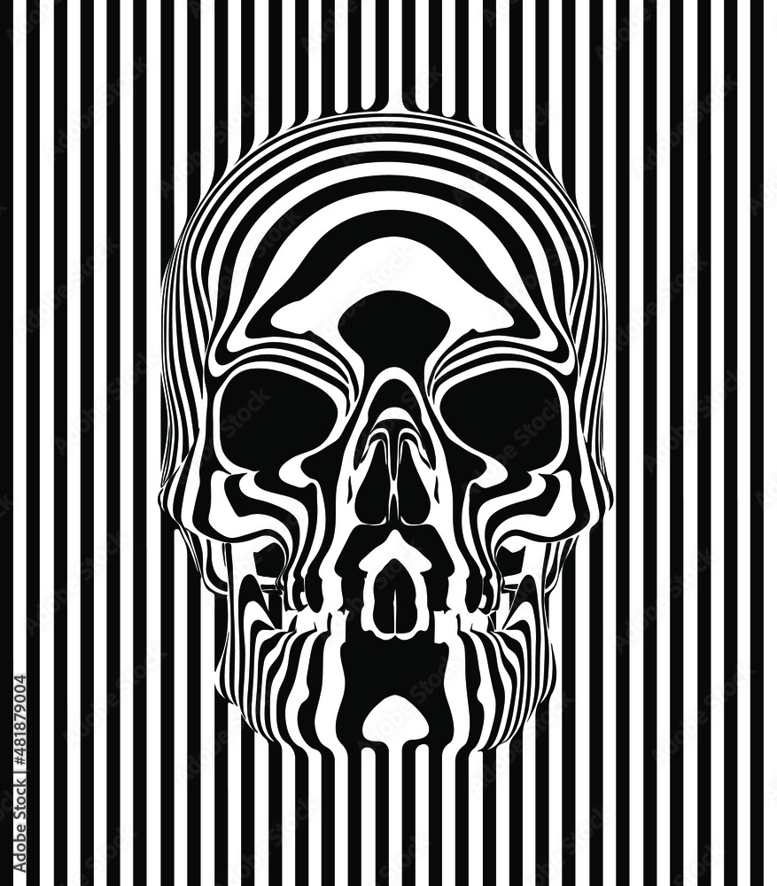 Poster vector frontal striped skull continuous seamless pattern on vertical continuous striped background.