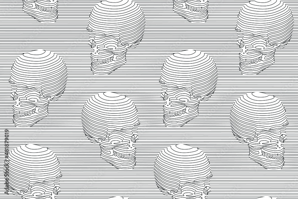 Poster vector seamless pattern illustration of black continuous horizontal line skulls on white background.