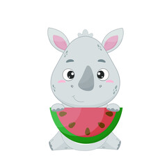 Cute cartoon character rhinoceros holding a ripe watermelon.Little rhinoceros on a white background. Vector illustration