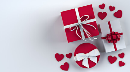 Saint Valentines day banner design. Top view gifts, red ribbon, hearts on white background. Holidays concept in red and white. 3d render