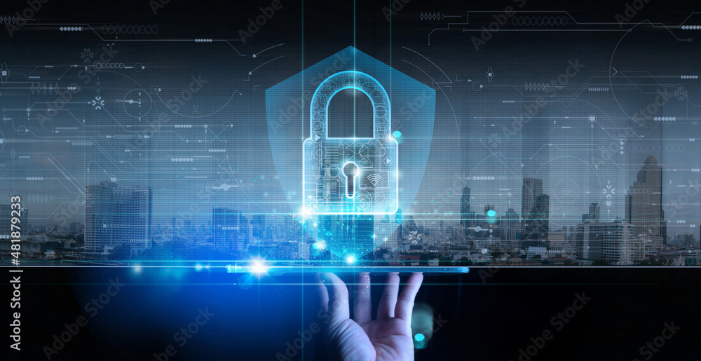 Poster Cyber security and data protection. Businessman using digital tablet computer protecting business and financial data with virtual network connection. Innovation technology city background.