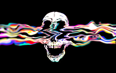 Glitch art melting colors screaming skull in psychedelic 60's design style on black background.  - obrazy, fototapety, plakaty