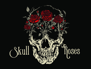 Skull Roses. Red wild roses growing on a skull head. Vintage tattoo style vector illustration on black background.