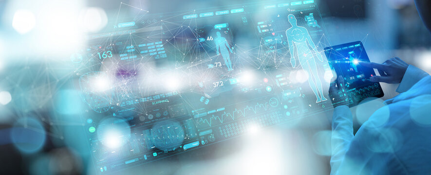 Medicine doctor working digital tablet for medical record of patient on interface. DNA.medical technology and futuristic concept.Digital healthcare and network on modern virtual screen.