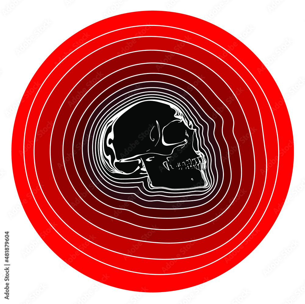 Poster vector white line skull on gradient red rings. isolated on white background.