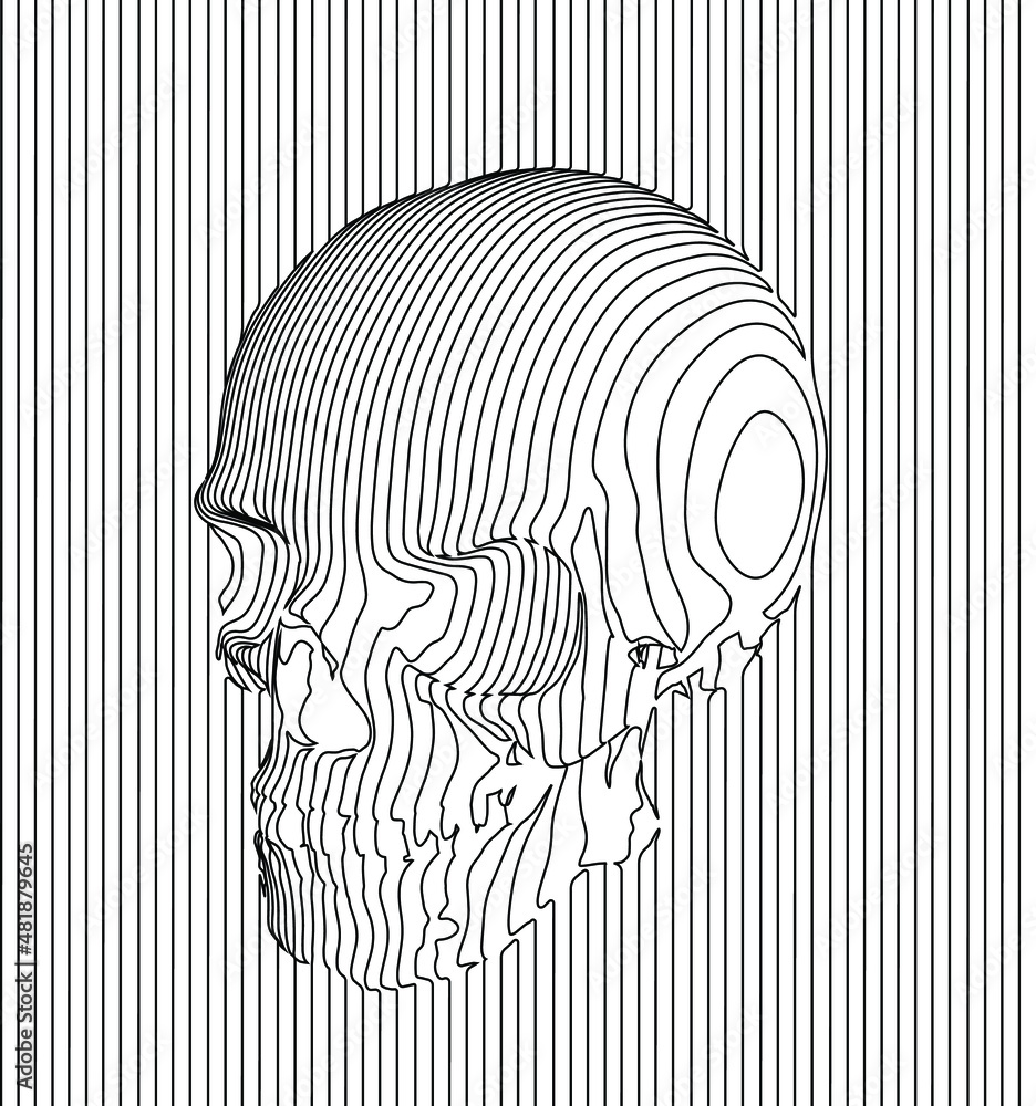 Poster black and white seamless pattern of continuous vertical black line giving shape to a skull.