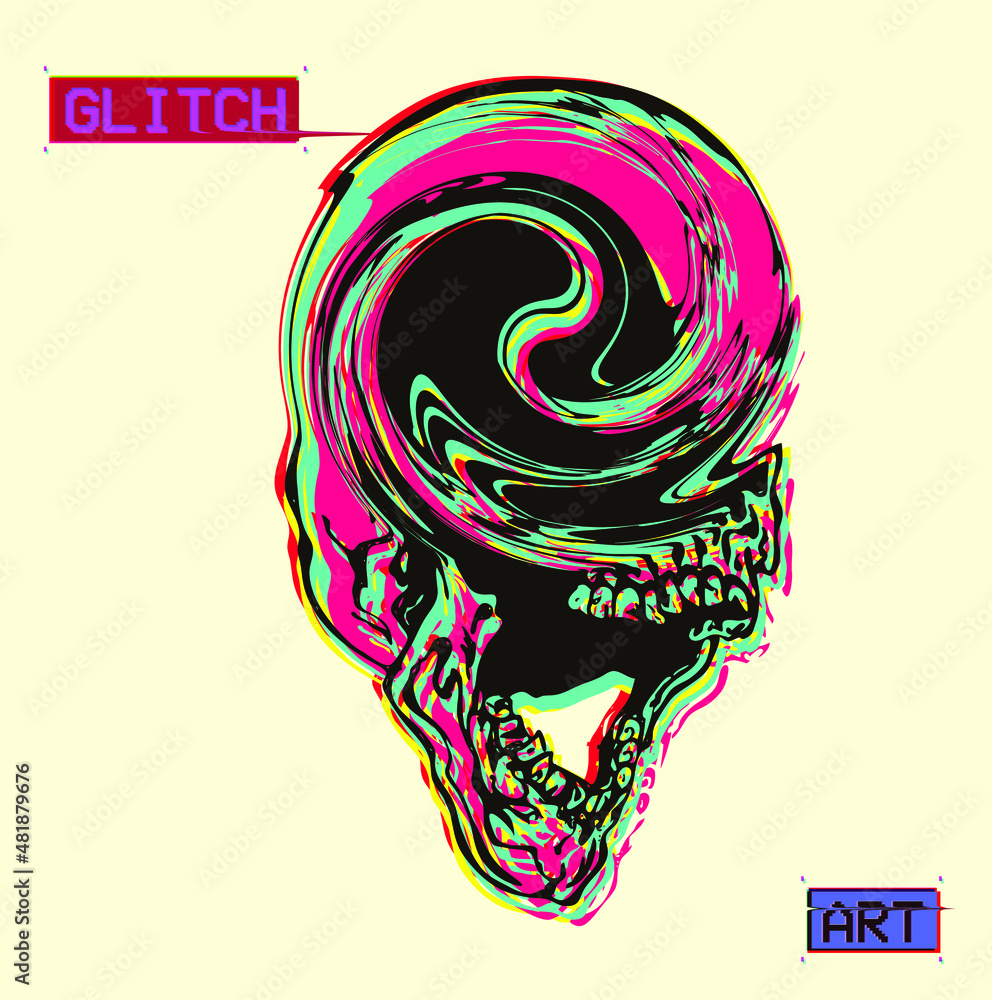 Aufkleber vector flat minimalist illustration of red and color glitched swirling line screaming skull in cmyk 