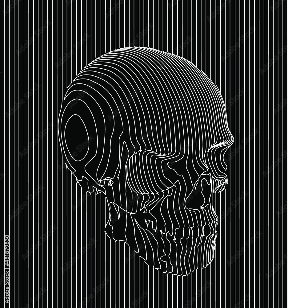 Poster black and white seamless pattern of continuous vertical white line giving shape to a skull.