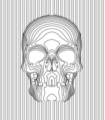 Black and white seamless pattern of continuous vertical black line giving shape to a skull.