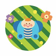 Fototapeta premium Cute childish illustration with butterfly and flowers on a striped background. Vector hand-drawn illustration. Great for kids clothing design, posters, wrapping paper, wallpaper.