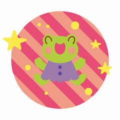 Cute childish illustration with frog  and stars on a striped background. Vector hand-drawn illustration. Great for kids clothing design, posters, wrapping paper, wallpaper.