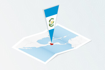 Isometric paper map of Guatemala with triangular flag of Guatemala in isometric style. Map on topographic background.