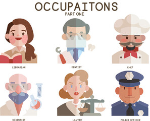 A vector set of occupation icons: librarian, dentist, chef, scientist, lawyer, police officer. 