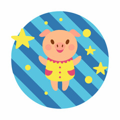 Cute childish illustration with pig, circles and stars on a striped background. Vector hand-drawn illustration. Great for kids clothing design, posters, wrapping paper, wallpaper.