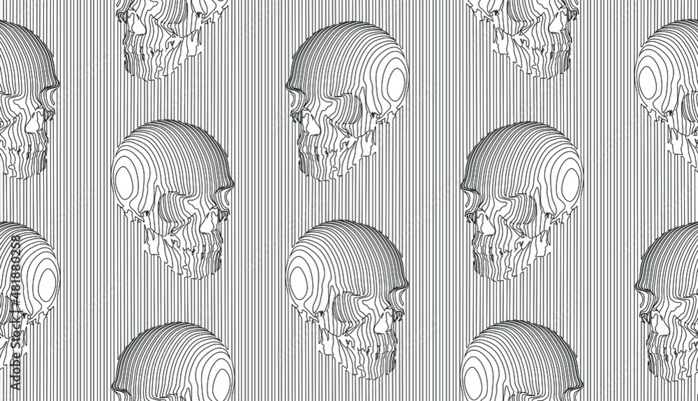 Poster vector seamless pattern illustration of black continuous vertical line skulls on white background.