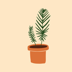 Vector flat  illustration with houseplants. Pottery plant in ceramic container or  box. Colorful greenery with leaves for home growing