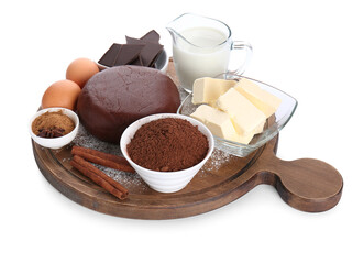 Wooden board with ingredients for tasty cookies on white background