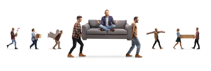 People moving home and carrying furniture and a guy on a sofa in a yoga pose