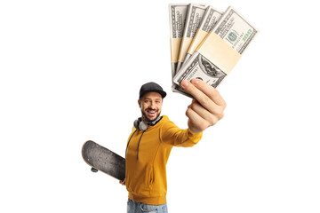 Young man in a yellow sweatshirt holding a skateboard and money