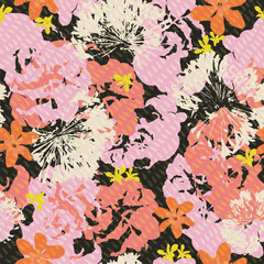 Abstract loose floral seamless vector repeat pattern background in a modern graphic style. Pink and orange floral print on dark background with textured effect