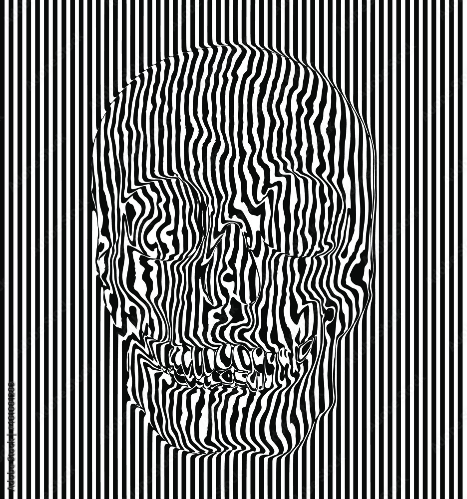 Poster black and white seamless pattern of continuous vertical line in relief shape of a skull.