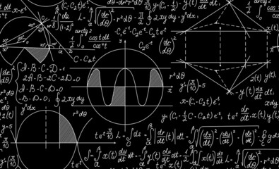 Math scientific vector seamless pattern with handwritten sphere figures, formulas, calculations