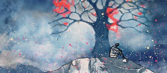 Alone with my thoughts. Watercolor concept banner