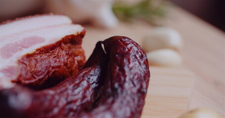 Close up of Bacon, Ham and Sasuage Rotating on Plate. - obrazy, fototapety, plakaty