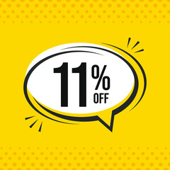 11% off. Discount vector emblem for sales, labels, promotions, offers, stickers, banners, tags and web stickers. New offer. Discount emblem in black and white colors on yellow background.
