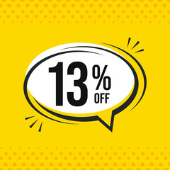 13% off. Discount vector emblem for sales, labels, promotions, offers, stickers, banners, tags and web stickers. New offer. Discount emblem in black and white colors on yellow background.