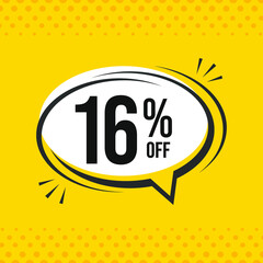 16% off. Discount vector emblem for sales, labels, promotions, offers, stickers, banners, tags and web stickers. New offer. Discount emblem in black and white colors on yellow background.