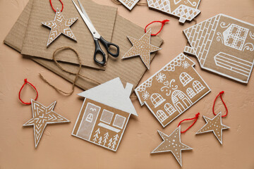 Beautiful handmade Christmas toys on beige background