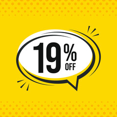 19% off. Discount vector emblem for sales, labels, promotions, offers, stickers, banners, tags and web stickers. New offer. Discount emblem in black and white colors on yellow background.