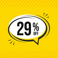 29% off. Discount vector emblem for sales, labels, promotions, offers, stickers, banners, tags and web stickers. New offer. Discount emblem in black and white colors on yellow background.