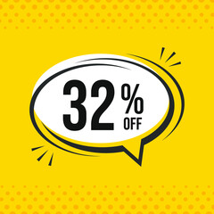 32% off. Discount vector emblem for sales, labels, promotions, offers, stickers, banners, tags and web stickers. New offer. Discount emblem in black and white colors on yellow background.