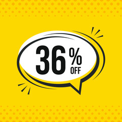 36% off. Discount vector emblem for sales, labels, promotions, offers, stickers, banners, tags and web stickers. New offer. Discount emblem in black and white colors on yellow background.
