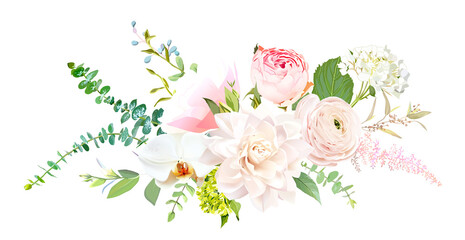 Pink garden roses, ranunculus, peony, allium, dahlia flowers vector design bouquet.