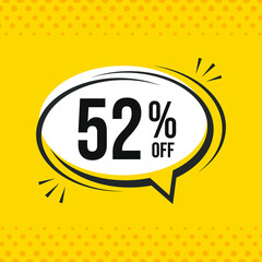 52% off. Discount vector emblem for sales, labels, promotions, offers, stickers, banners, tags and web stickers. New offer. Discount emblem in black and white colors on yellow background.
