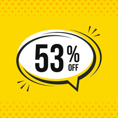 53% off. Discount vector emblem for sales, labels, promotions, offers, stickers, banners, tags and web stickers. New offer. Discount emblem in black and white colors on yellow background.