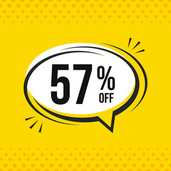 57% off. Discount vector emblem for sales, labels, promotions, offers, stickers, banners, tags and web stickers. New offer. Discount emblem in black and white colors on yellow background.