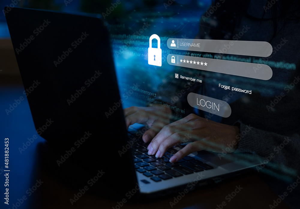 Poster businessman typing login and password cybersecurity concept data protection and secure internet acce