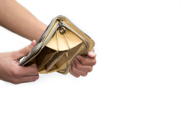 Hands hold an inverted empty wallet on a white background.