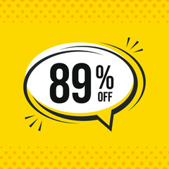 89% off. Discount vector emblem for sales, labels, promotions, offers, stickers, banners, tags and web stickers. New offer. Discount emblem in black and white colors on yellow background.