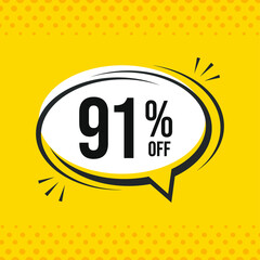 91% off. Discount vector emblem for sales, labels, promotions, offers, stickers, banners, tags and web stickers. New offer. Discount emblem in black and white colors on yellow background.