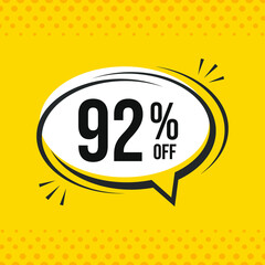 92% off. Discount vector emblem for sales, labels, promotions, offers, stickers, banners, tags and web stickers. New offer. Discount emblem in black and white colors on yellow background.