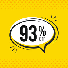 93% off. Discount vector emblem for sales, labels, promotions, offers, stickers, banners, tags and web stickers. New offer. Discount emblem in black and white colors on yellow background.