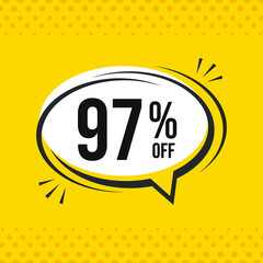 97% off. Discount vector emblem for sales, labels, promotions, offers, stickers, banners, tags and web stickers. New offer. Discount emblem in black and white colors on yellow background.