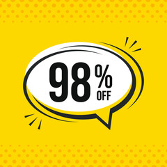 98% off. Discount vector emblem for sales, labels, promotions, offers, stickers, banners, tags and web stickers. New offer. Discount emblem in black and white colors on yellow background.