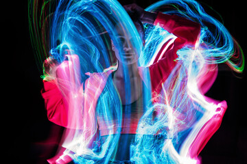 Metaverse digital Avatar, Metaverse Presence, digital technology, cyber world, virtual reality, futuristic lifestyle. Woman in augmented reality, NFT game with neon blur lines